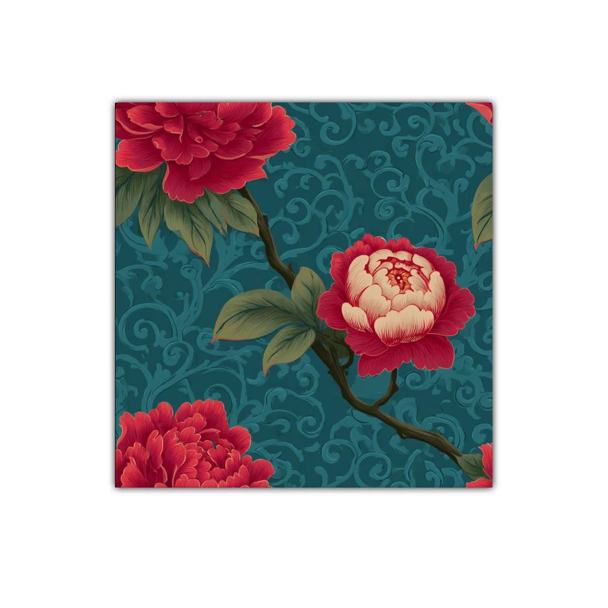 Cuadro floral con rosas rojas sobre fondo azul texturizado