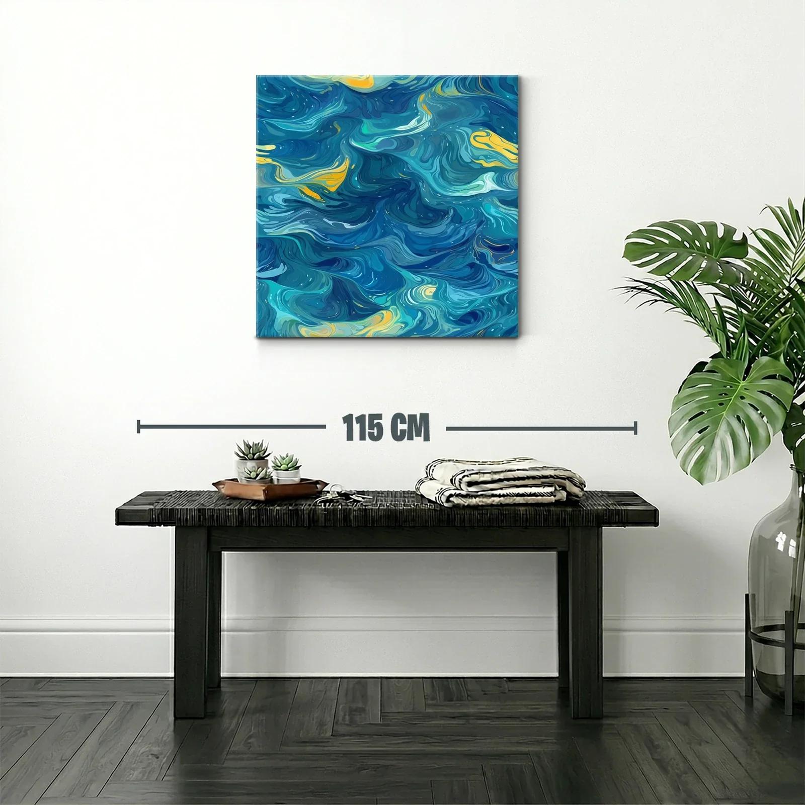 Cuadro abstracto con remolinos azules y toques amarillos — miniatura 2