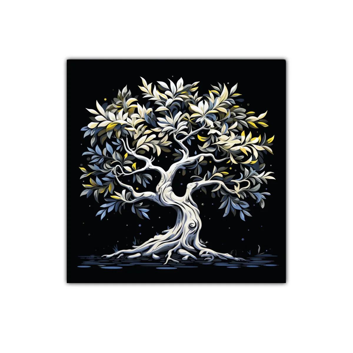 Árbol estilizado con hojas en tonos suaves sobre fondo oscuro — imagen principal