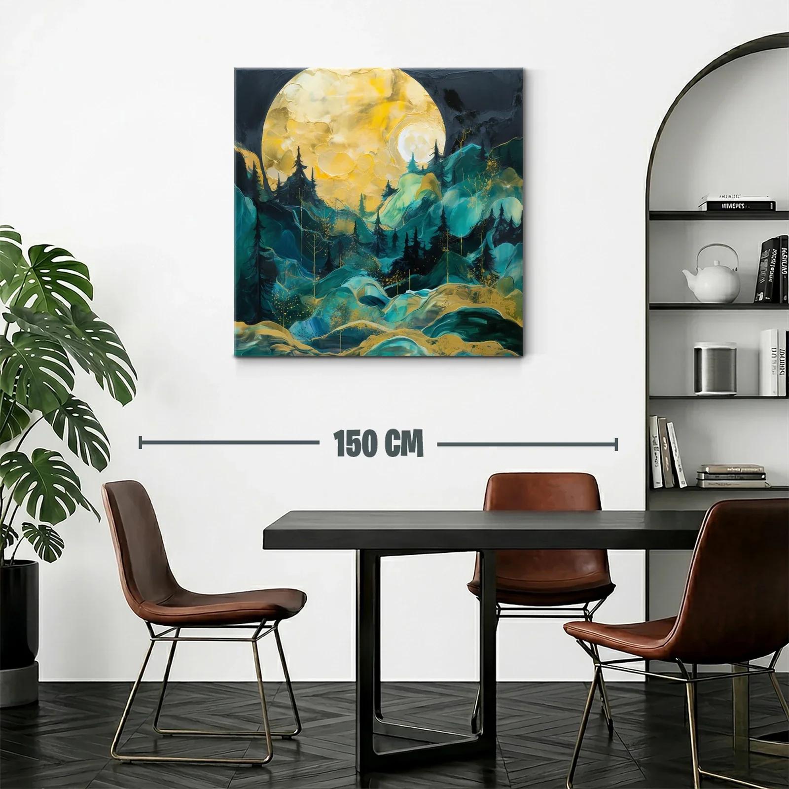 Paisaje Nocturno con Luna y Bosque en Tonos Dorados y Verdes — miniatura 2
