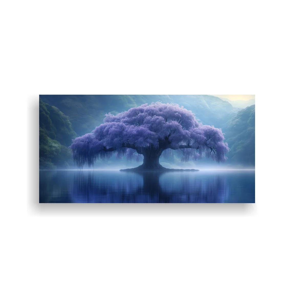 Cuadro árbol de flor lila con reflejo y bruma