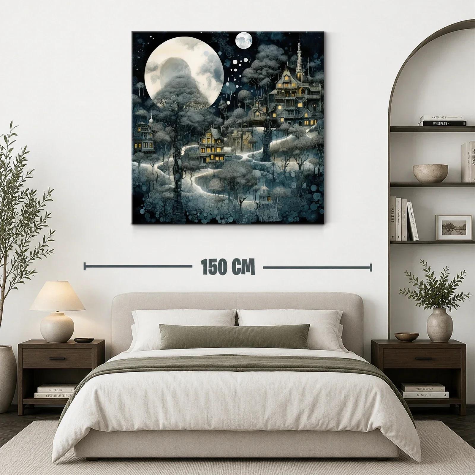 Pueblo encantado bajo la luna llena y árboles del bosque — miniatura 3