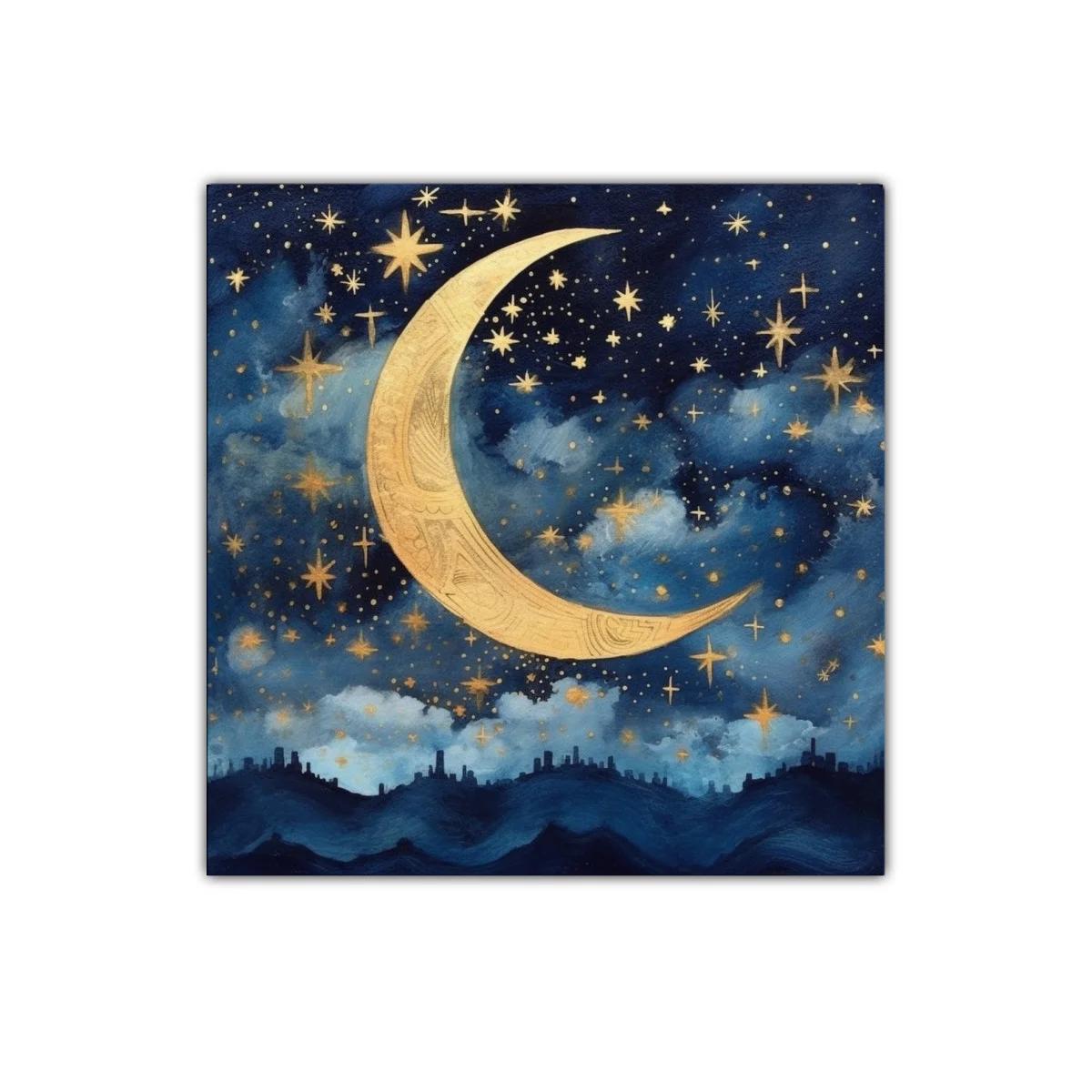 Cuadro con luna dorada y cielo estrellado azul — imagen principal