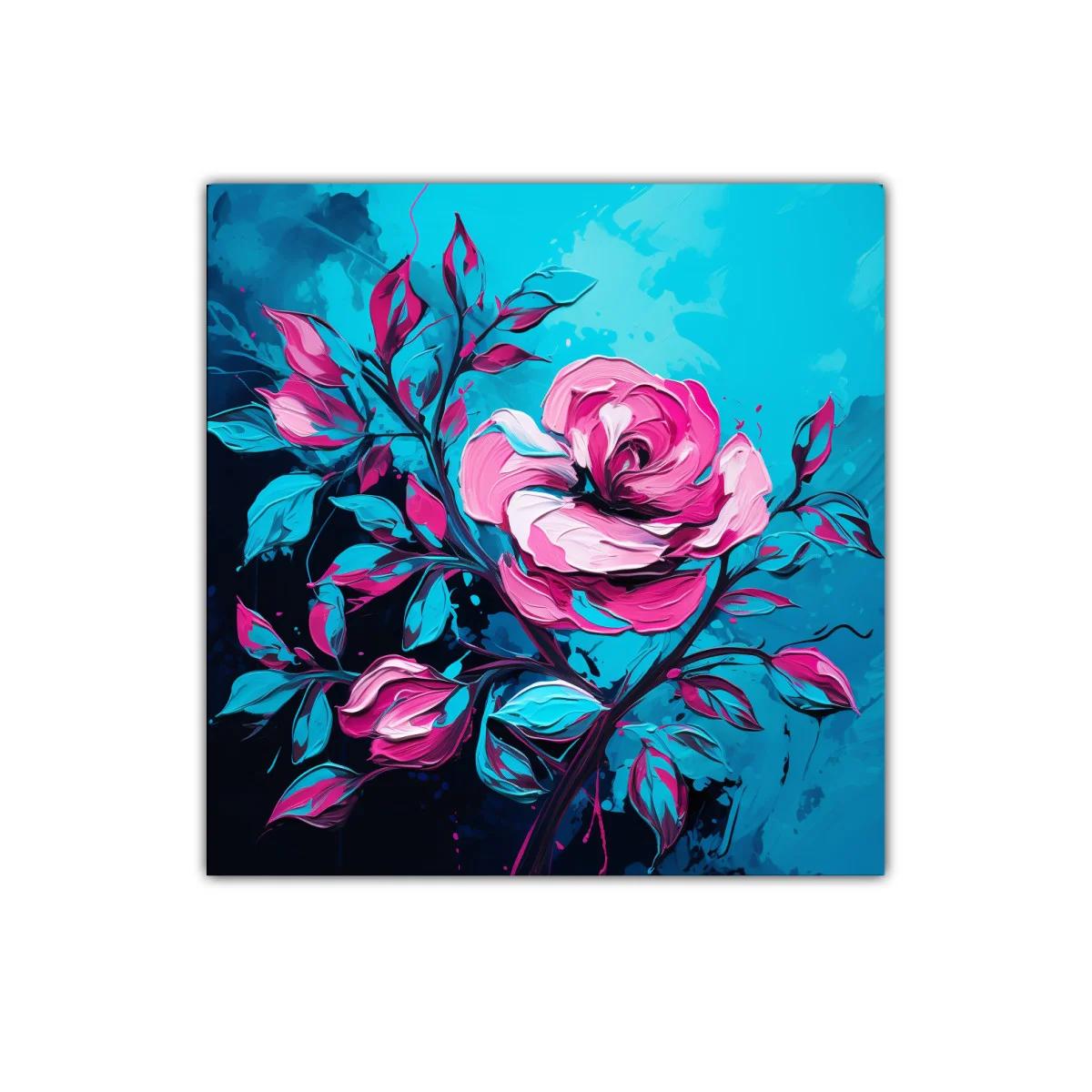 Rosa vibrante con hojas en tonos azules y fucsias