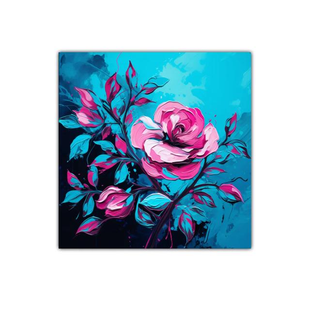 Rosa vibrante con hojas en tonos azules y fucsias