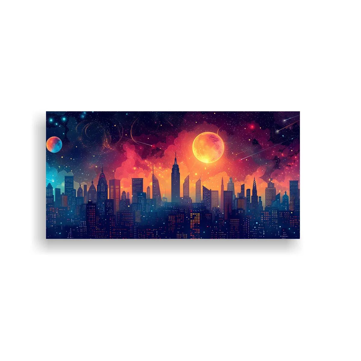 Cuadro skyline urbano nocturno con luna naranja y estrellas