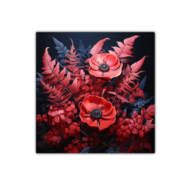 Elegante ramo floral en tonos rojos y azul oscuro