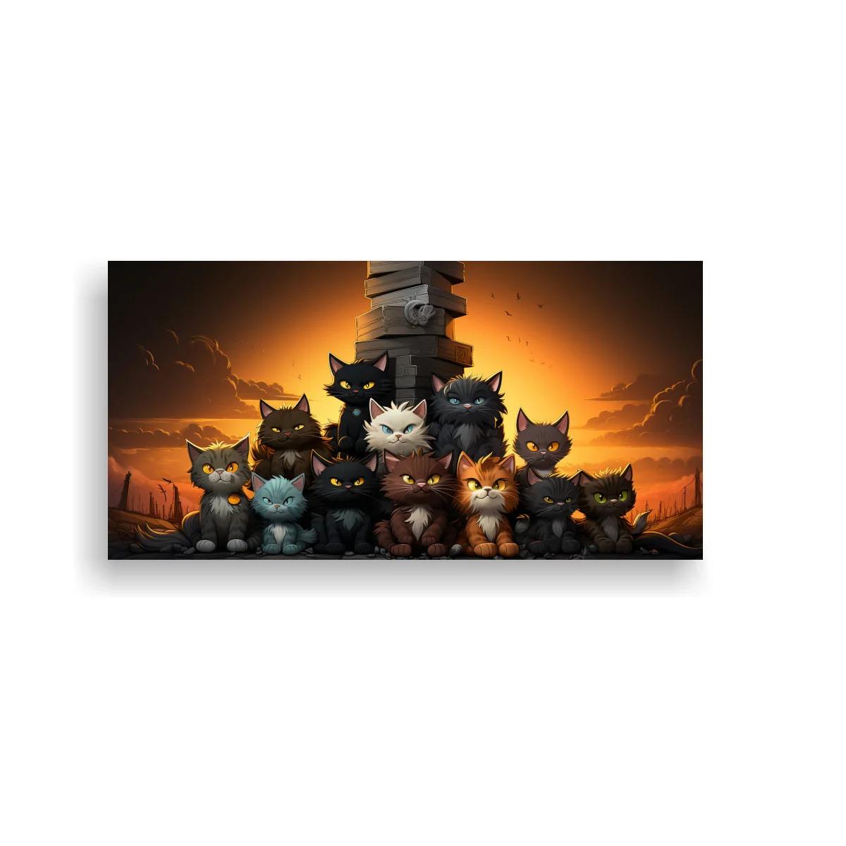 Cuadro grupo de gatos sobre un paisaje rocoso al atardecer