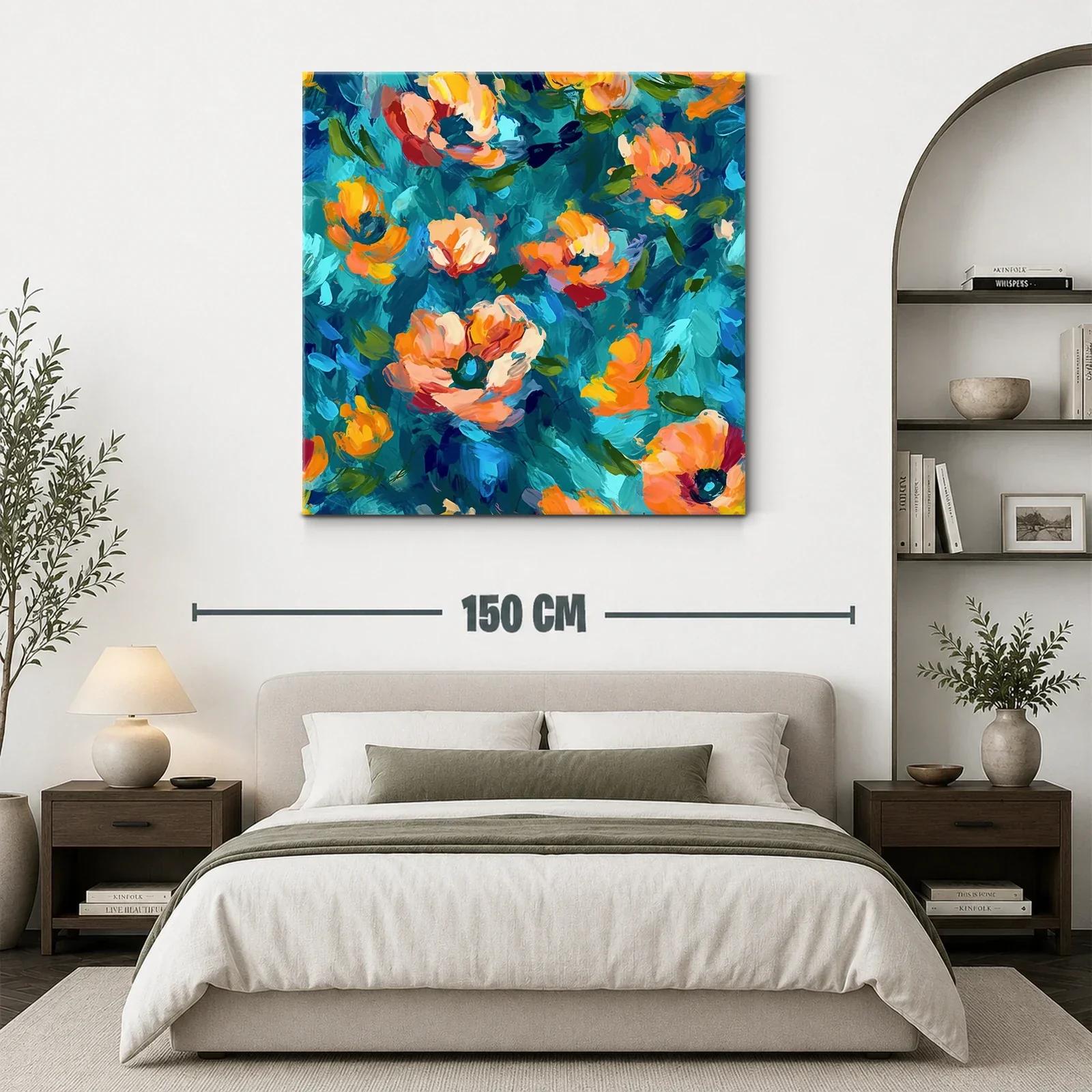 Cuadro con flores vibrantes en tonos azules y naranjas — miniatura 3