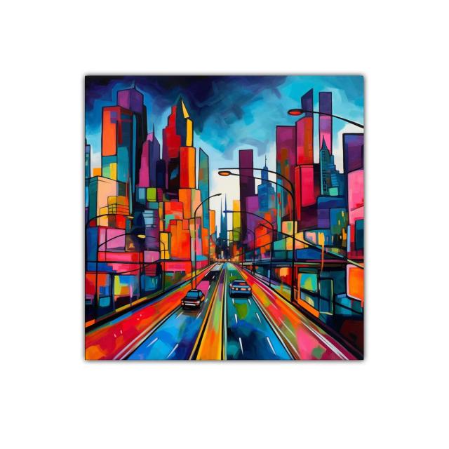 Ciudad vibrante con colores intensos y energía dinámica