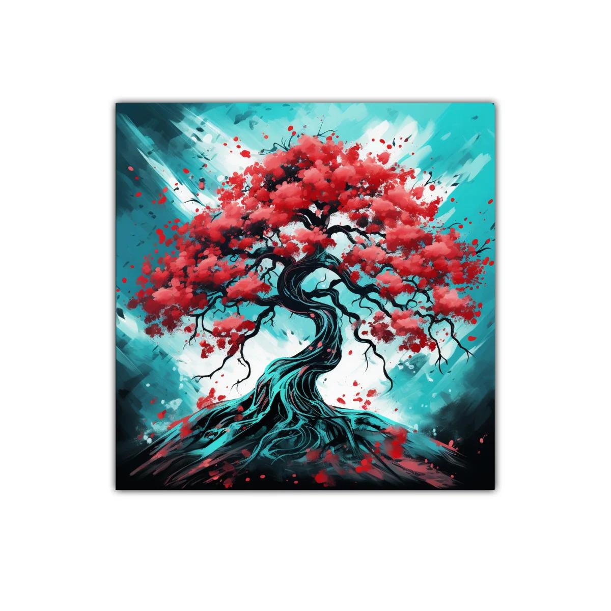 Árbol con hojas rojas sobre fondo azul vibrante
