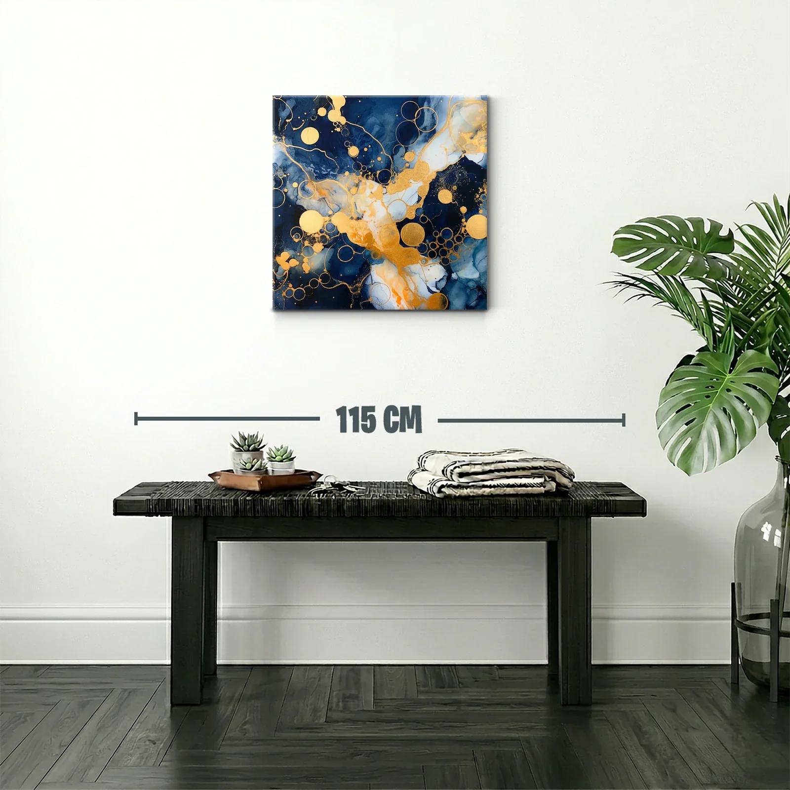 Cuadro abstracto con círculos dorados y tonos azul profundo — miniatura 2