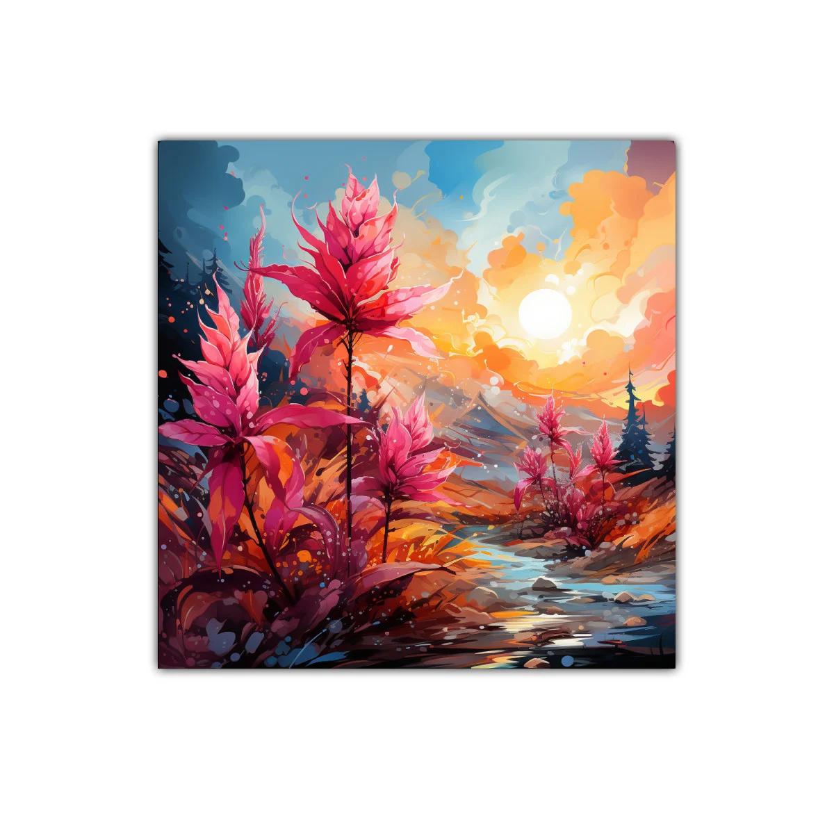 Paisaje vibrante con flores fucsias bajo el sol radiante