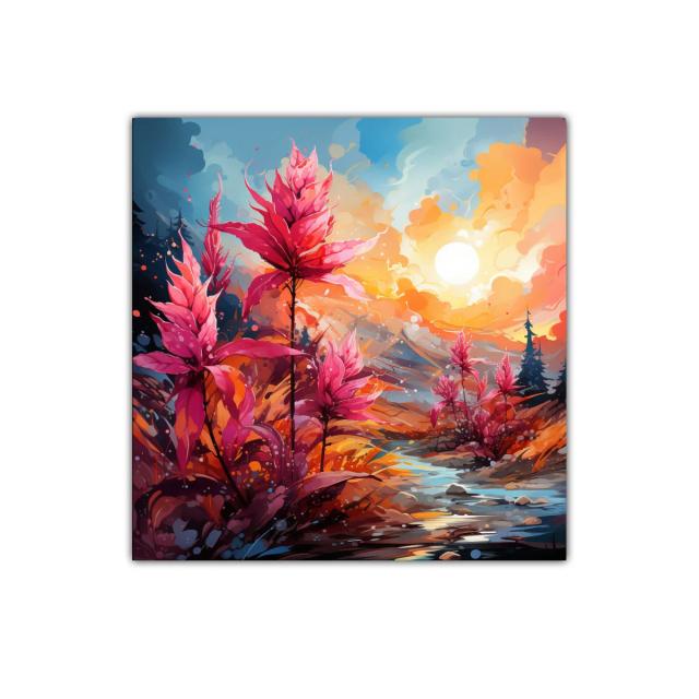 Paisaje vibrante con flores fucsias bajo el sol radiante