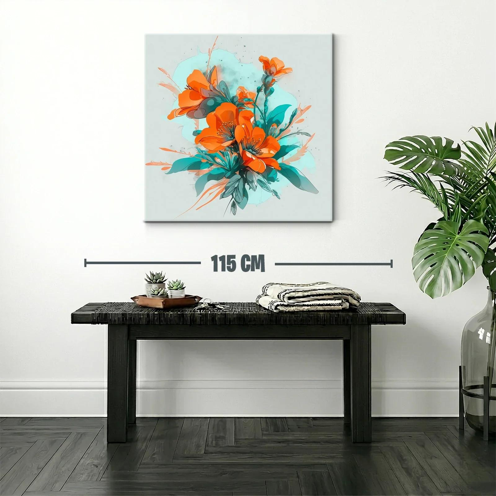 Cuadro floral con vibrante combinación de naranjas y turquesas — miniatura 2