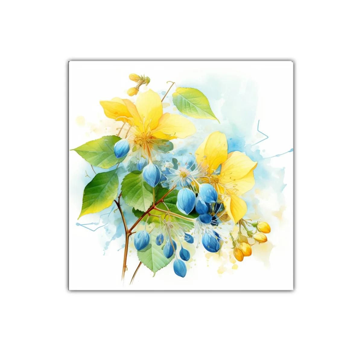 Cuadro floral en tonos vibrantes azul y amarillo