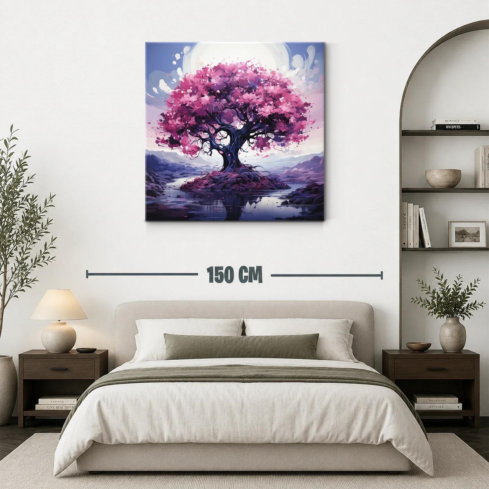 Árbol con flores rosas en paisaje sereno y reflexivo — miniatura 3