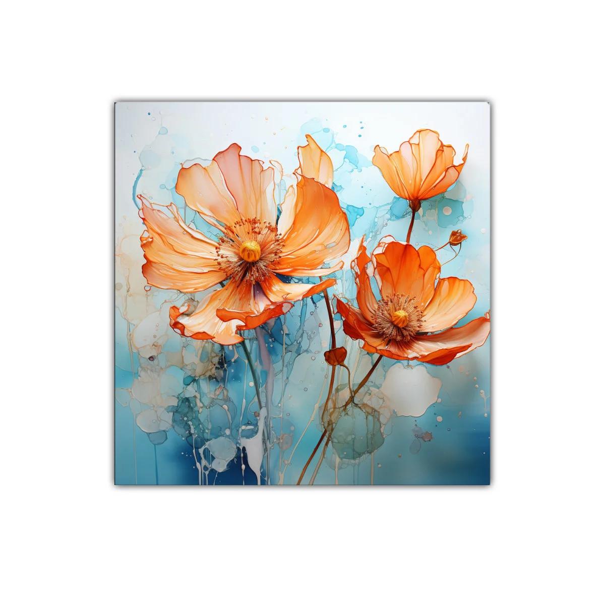 Cuadro decorativo flores naranjas sobre fondo azul claro