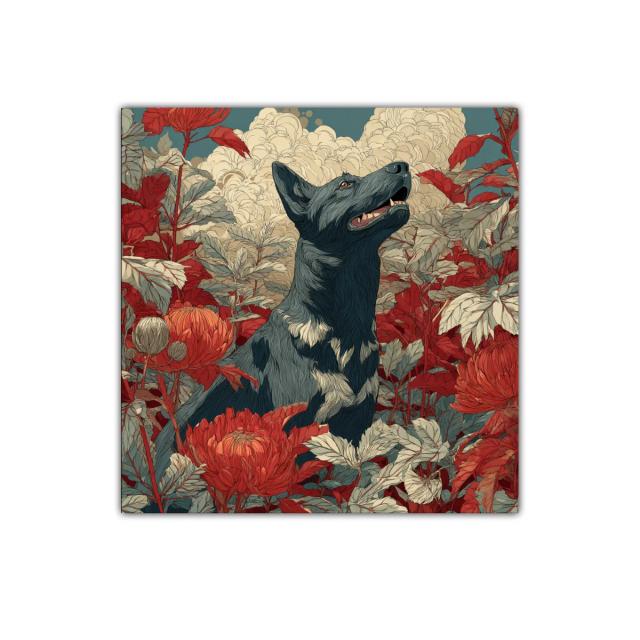 Perro entre flores rojas y follaje delicado