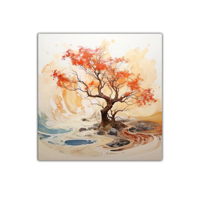 Árbol otoñal con tonos cálidos y paisaje abstracto