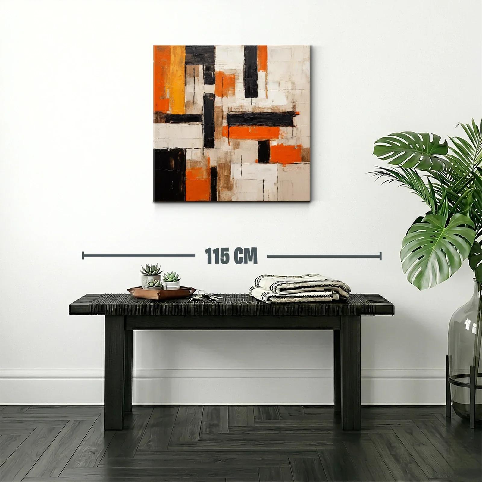 Cuadro abstracto con bloques en naranja negro y beige — miniatura 2