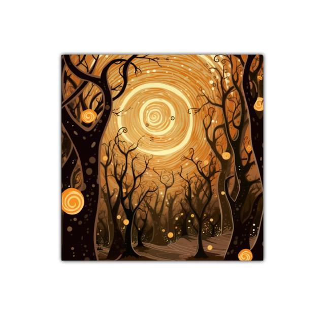 Bosque encantado bajo un sol espiral dorado