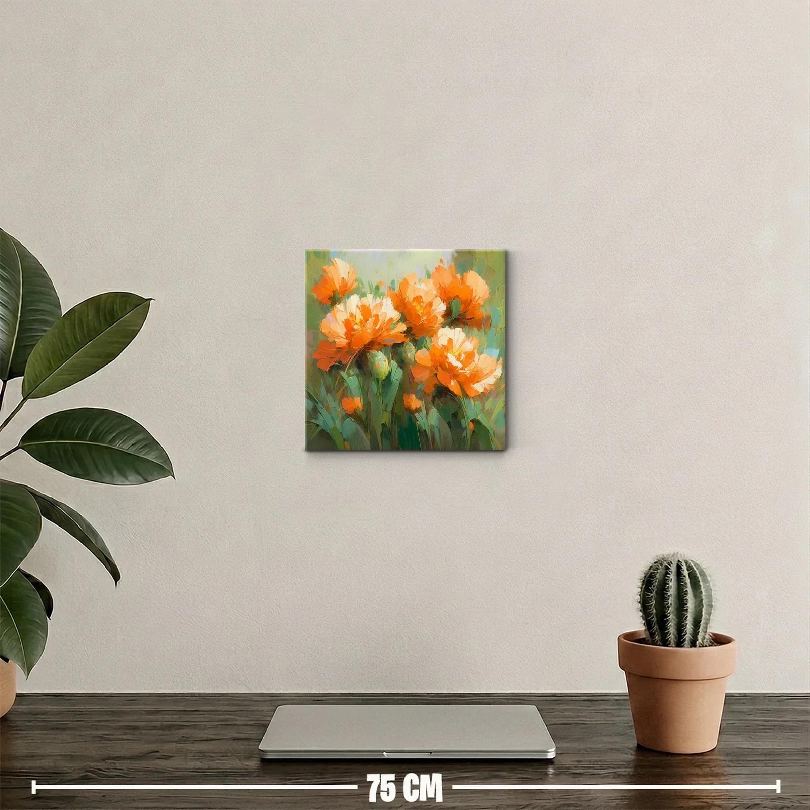 Flores vibrantes en tonos cálidos sobre fondo verde — miniatura 2