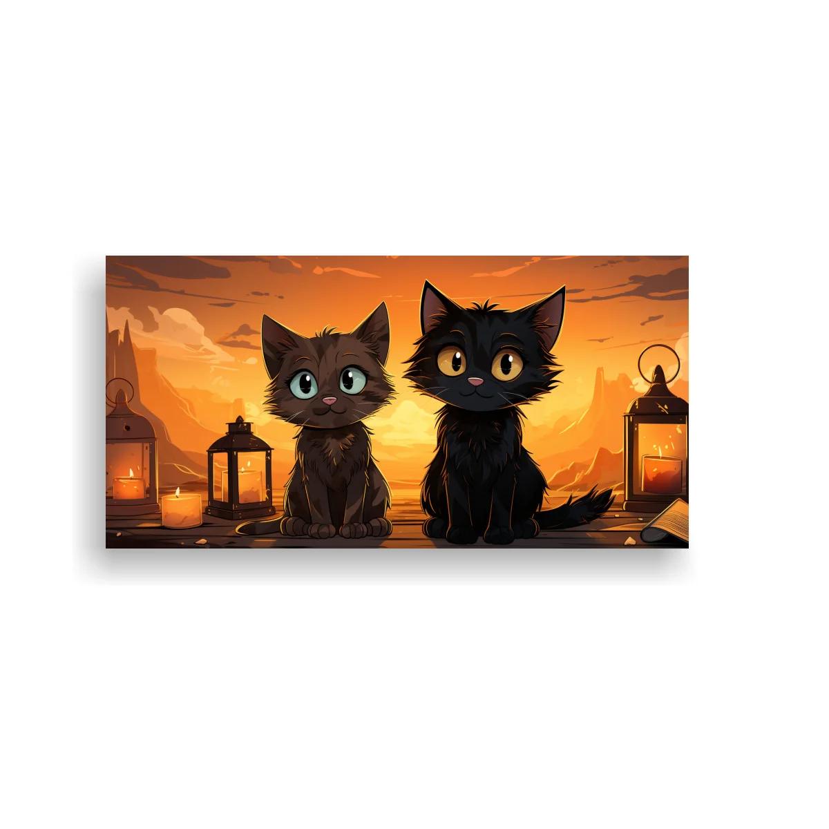 Cuadro dos gatos negros rodeados de faroles encendidos y una vela