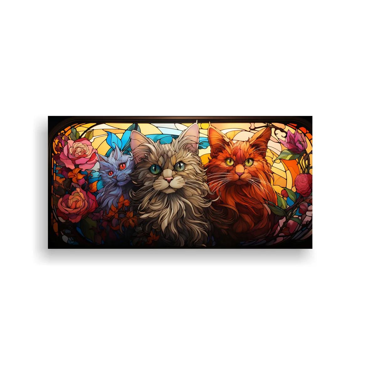 Cuadro tres gatos de pelo largo entre rosas y vidriera — imagen principal