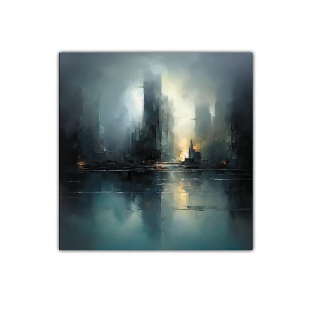 Paisaje urbano nebuloso con reflejos de luz cálida