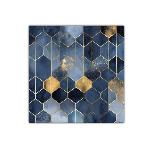 Cuadro decorativo con diseño geométrico en tonos azules y dorados