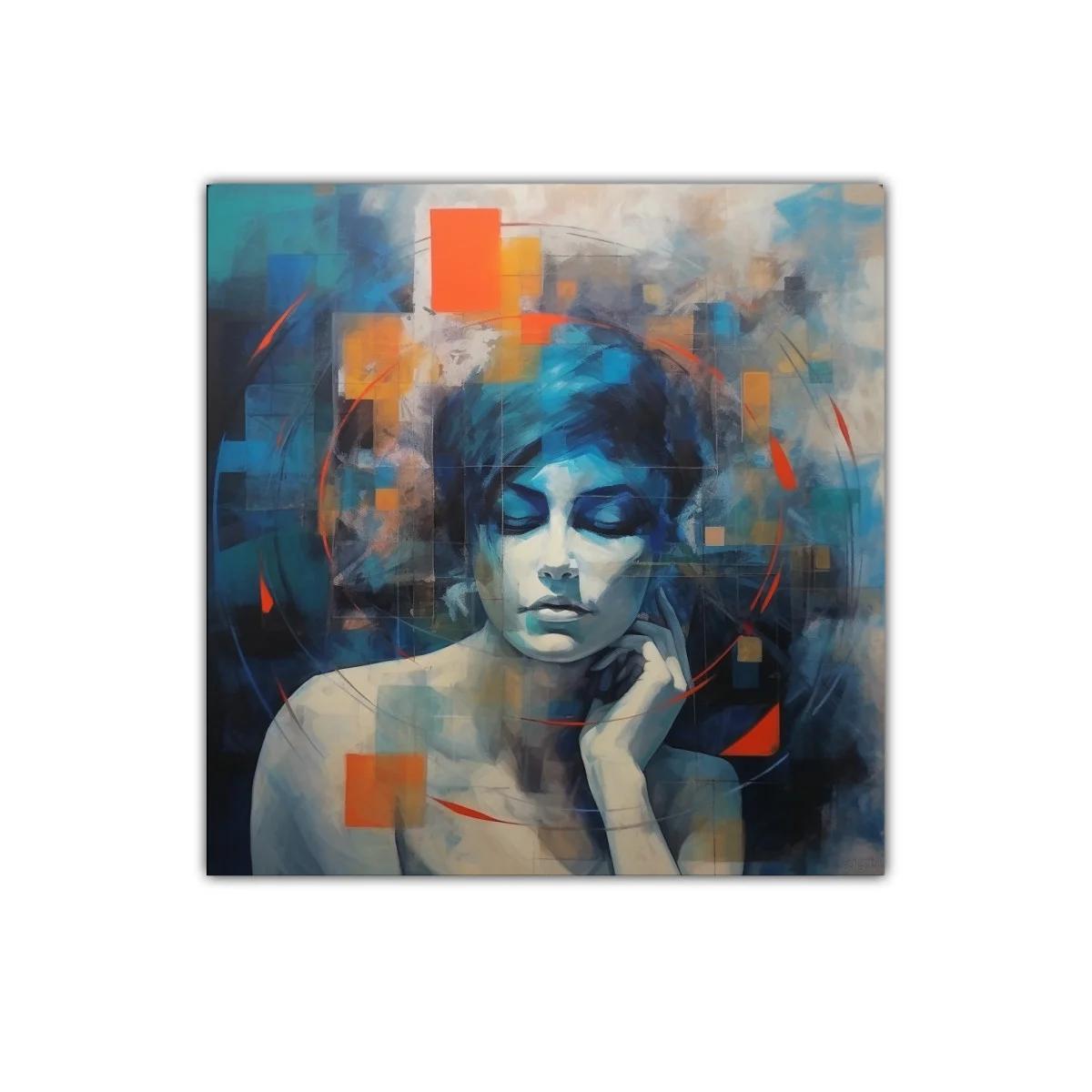 Retrato abstracto femenino con tonos azules y naranjas vibrantes