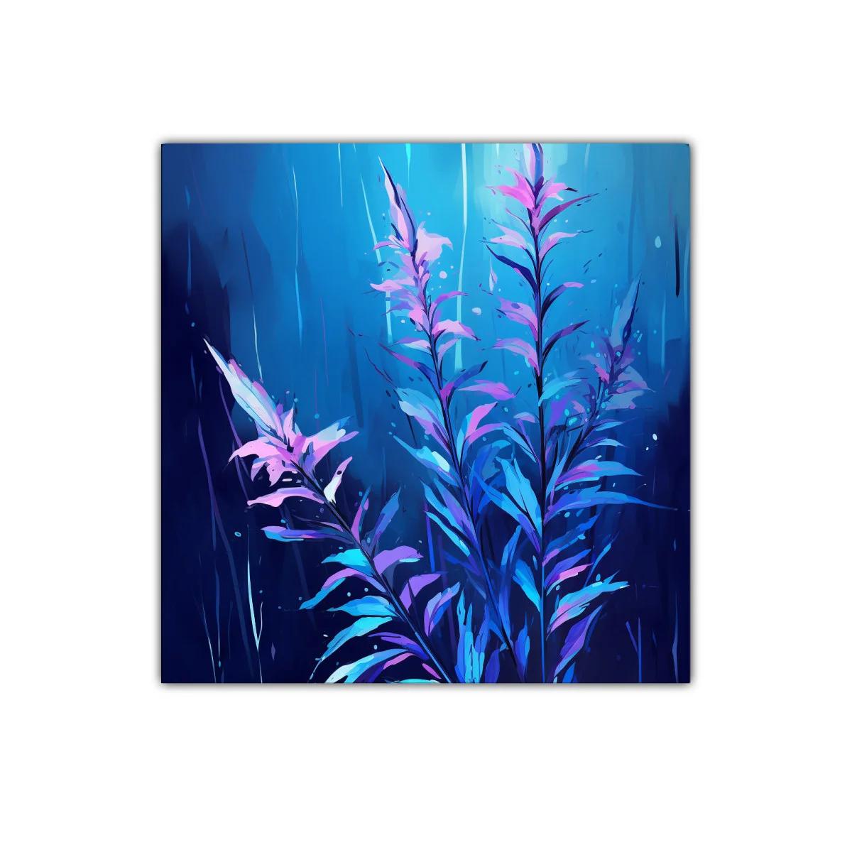 Cuadro decorativo con hojas en tonos azul y lila vibrante — imagen principal