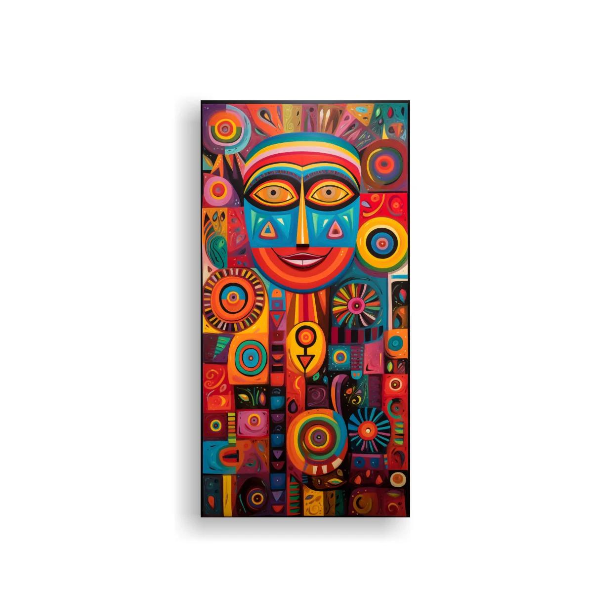 Cuadro máscara tribal colorida con símbolos geométricos — imagen principal