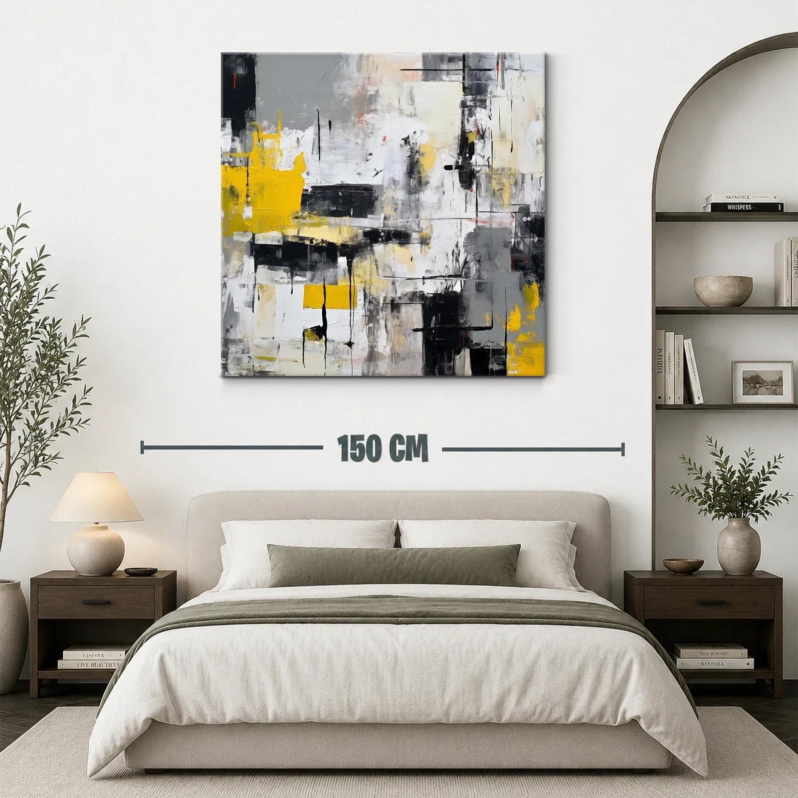 Cuadro abstracto con tonos grises y toques amarillos vibrantes — miniatura 3