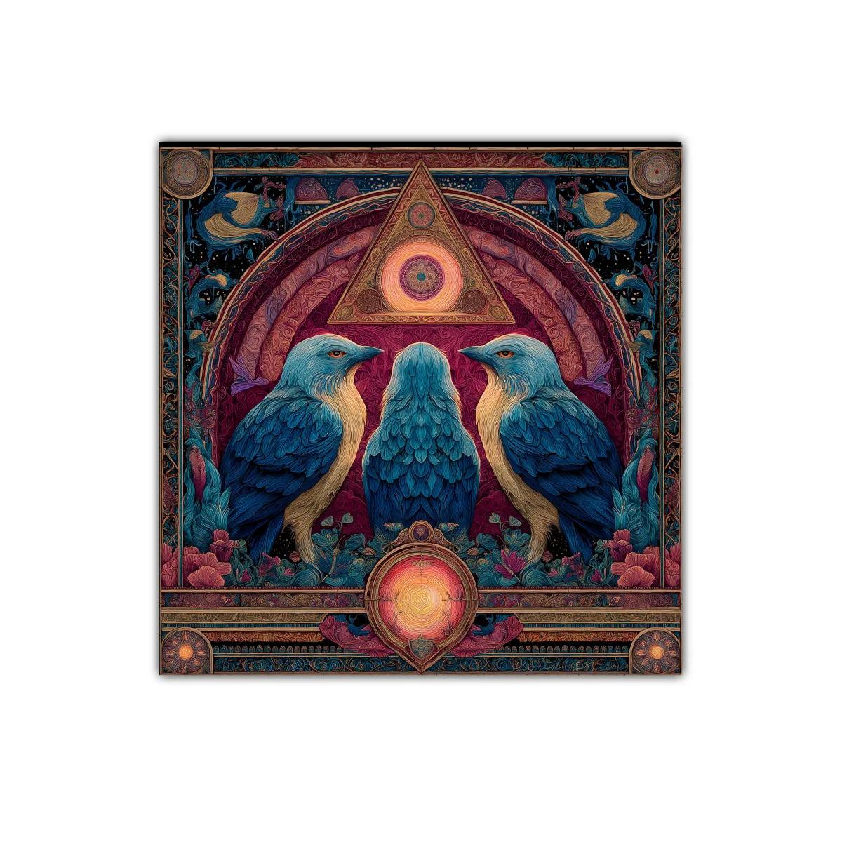 Cuadro decorativo con tres aves azules y símbolos místicos — imagen principal