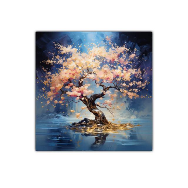 Árbol en flor iluminado en paisaje reflejado