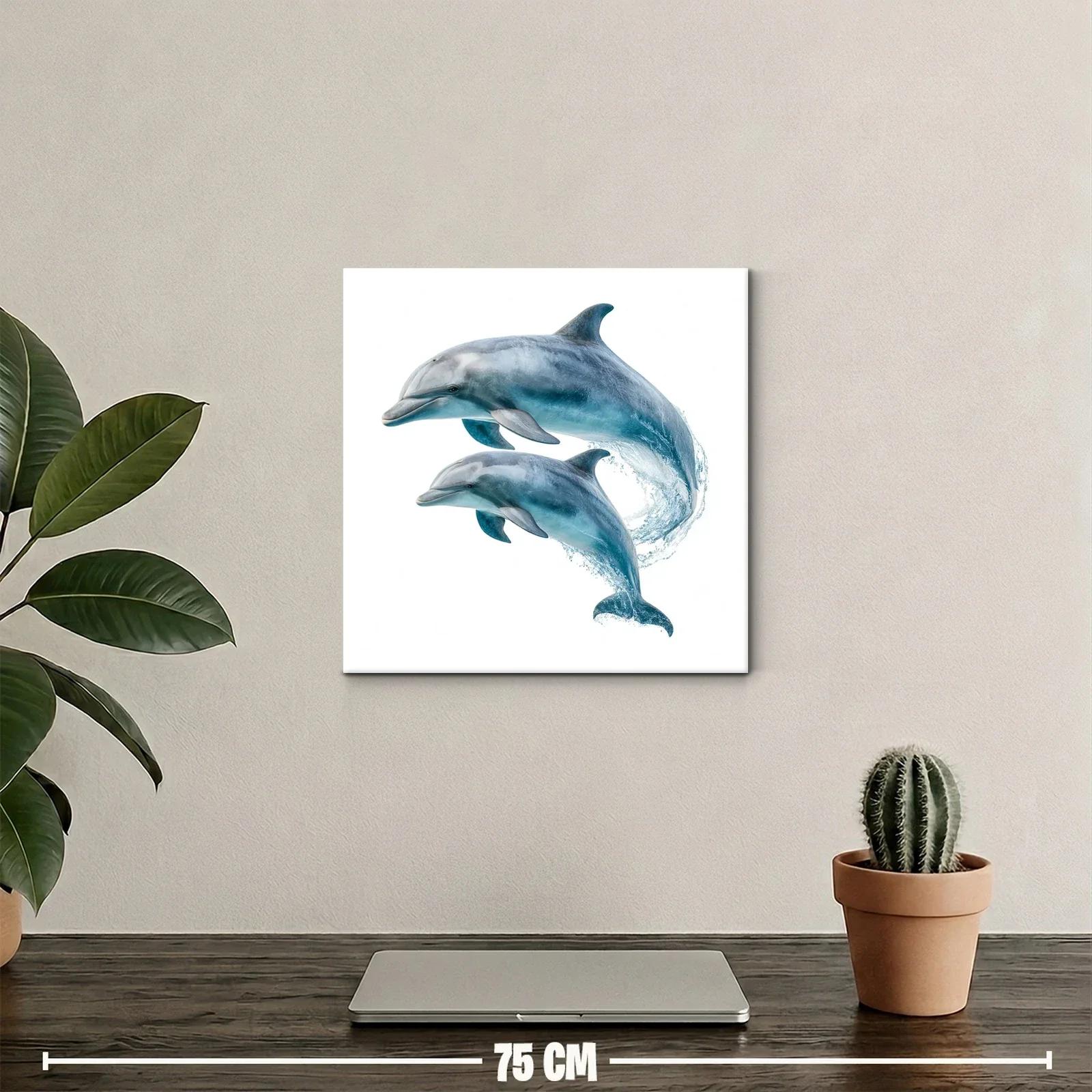 Cuadro de delfines saltando en tonos azules y grises — miniatura 2