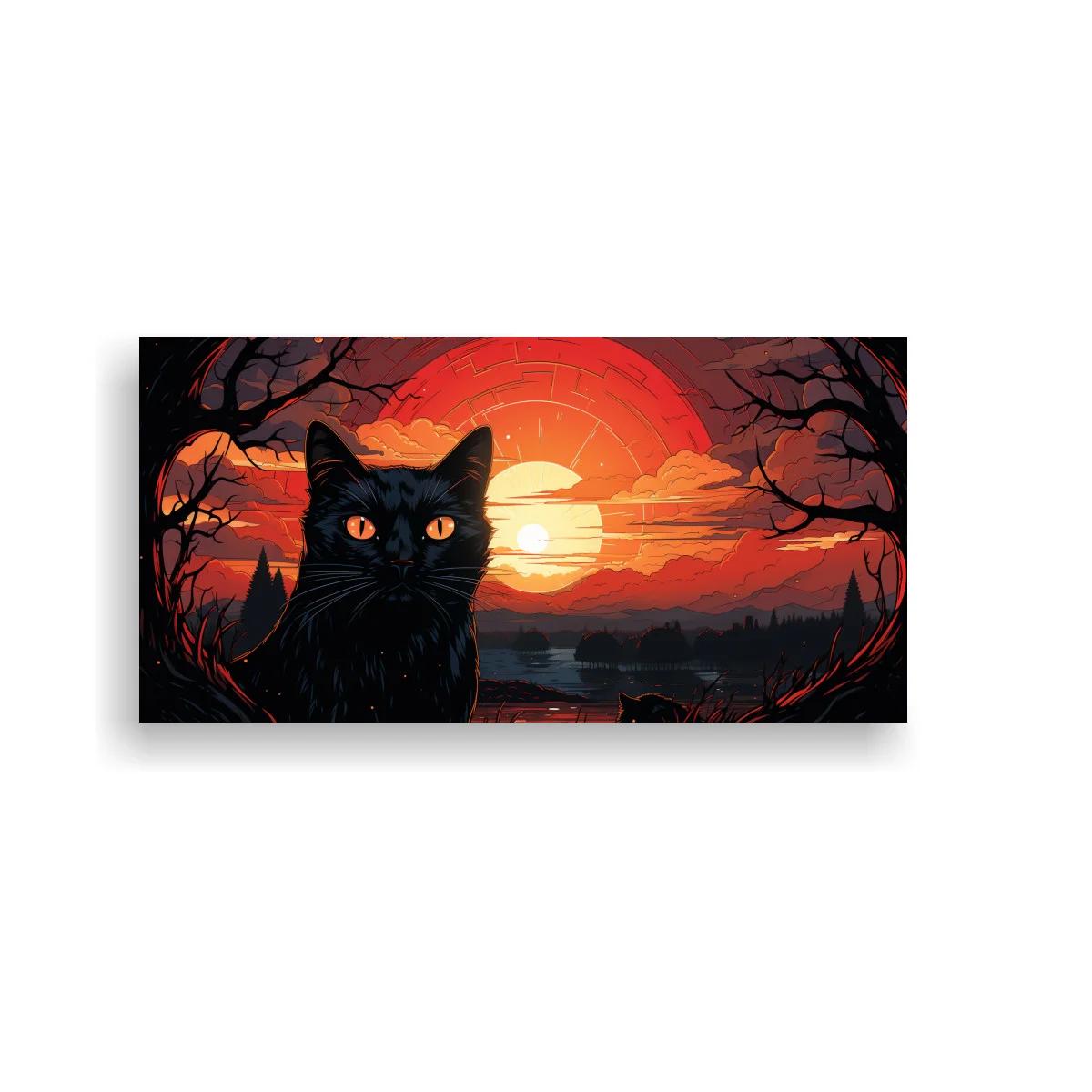 Cuadro gato negro de ojos naranjas con lago al atardecer — imagen principal