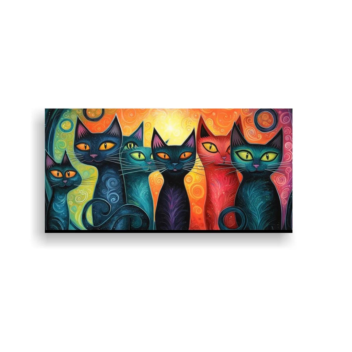 Cuadro grupo de gatos de colores con fondos en espiral