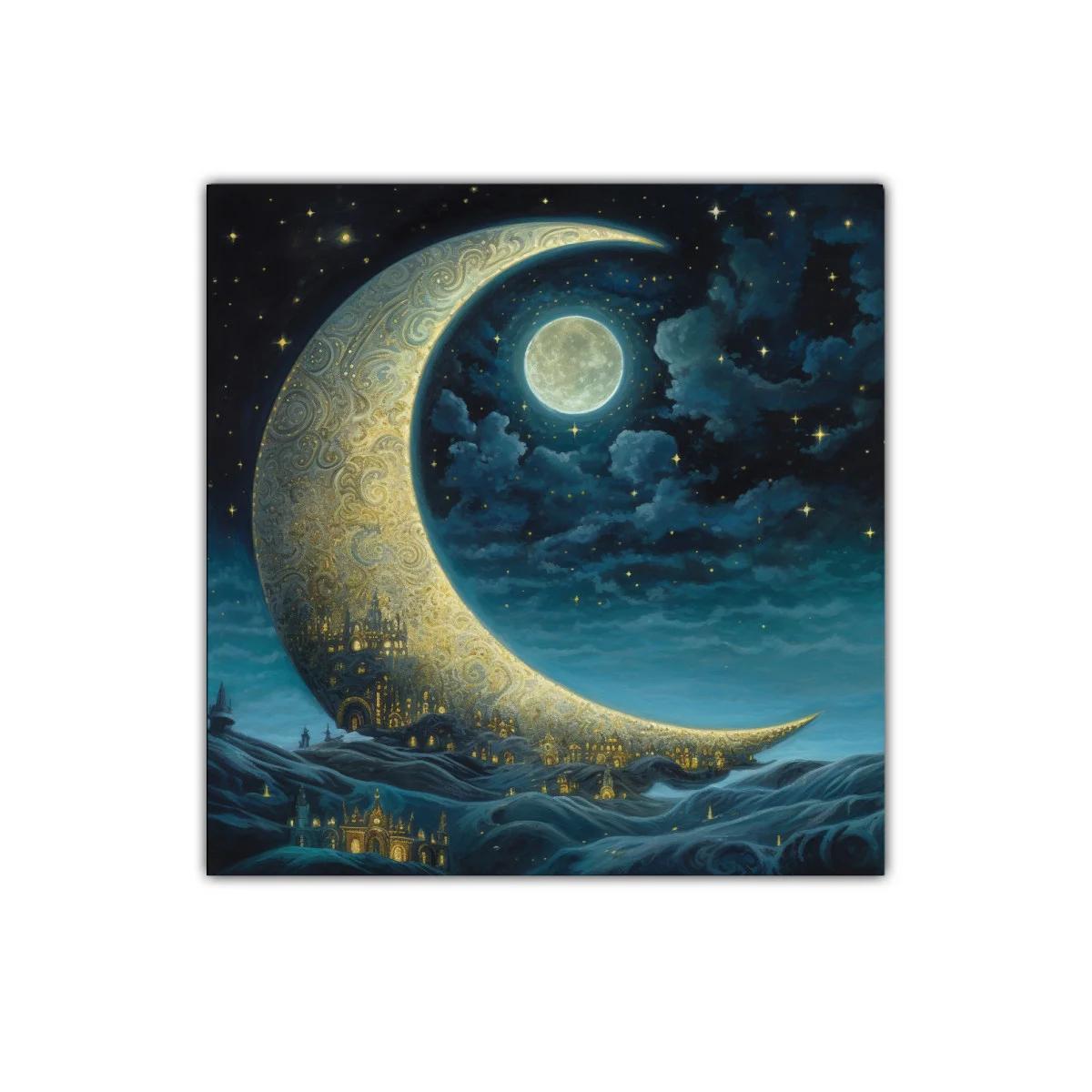 Paisaje nocturno con luna creciente y ciudad dorada — imagen principal
