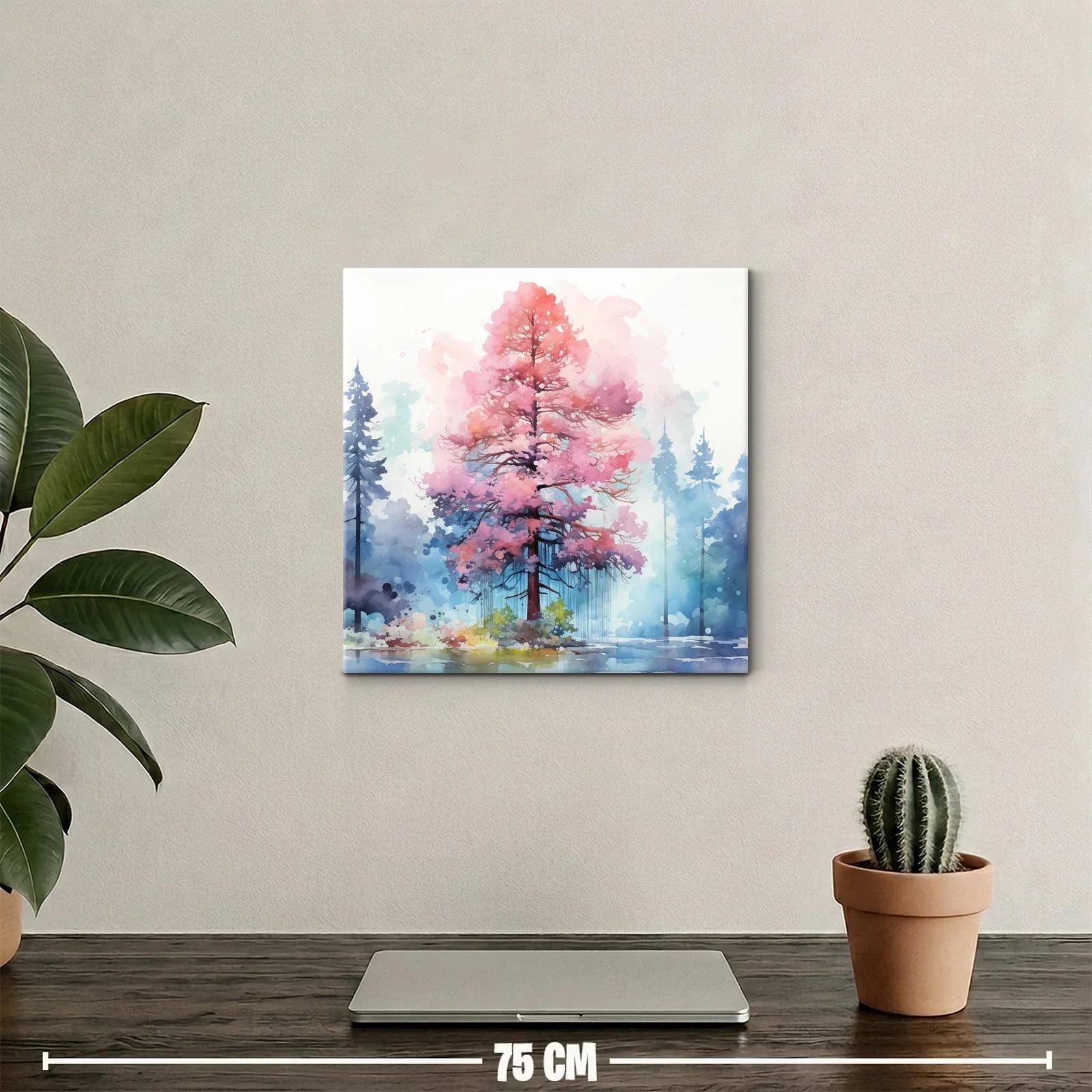Árbol en tonos rosas vibrantes con fondo de bosque azul — miniatura 2
