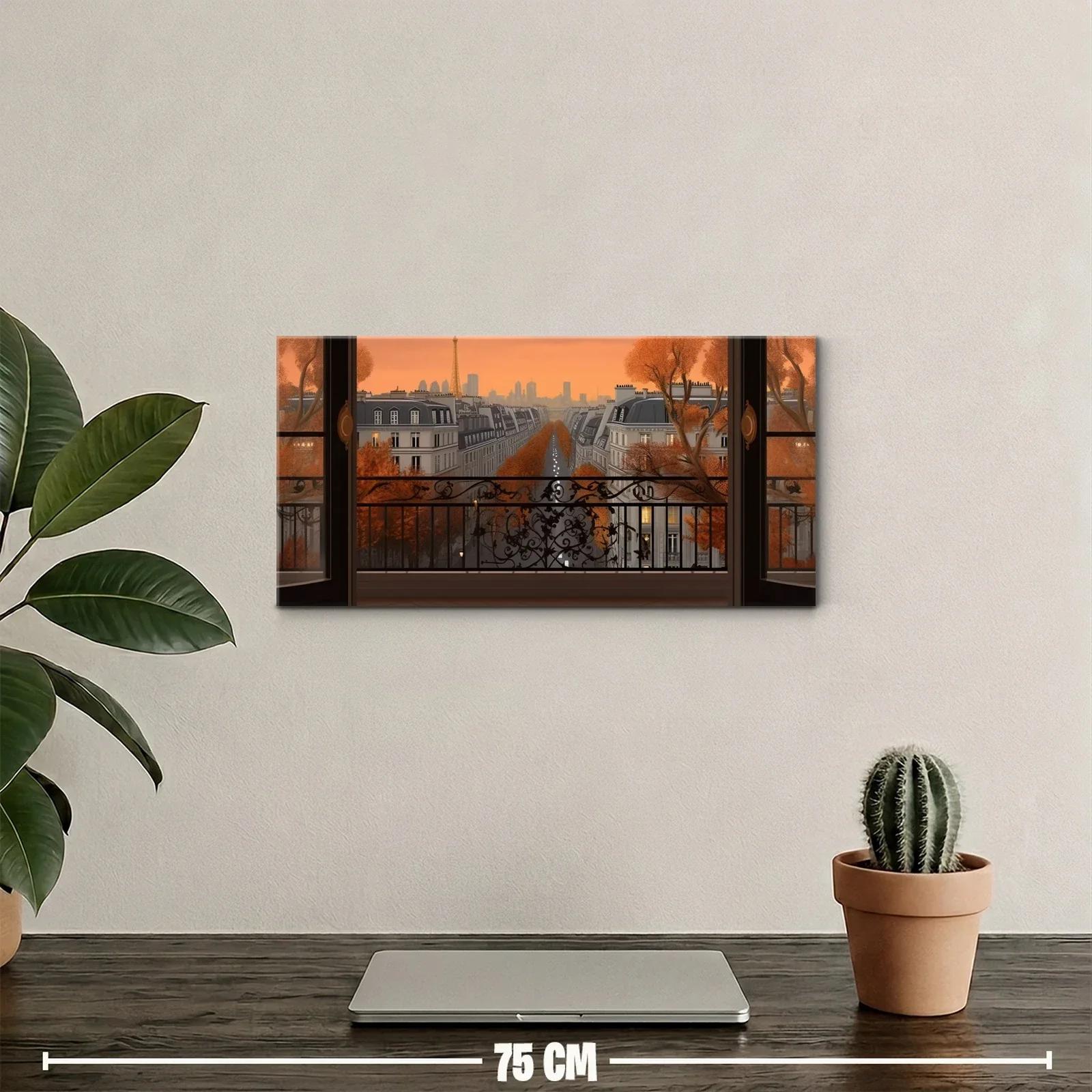 Cuadro vista urbana otoñal desde un balcón con ventanales abiertos — miniatura 2