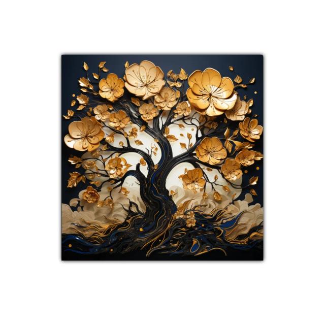 Árbol dorado con flores en relieve sobre fondo oscuro