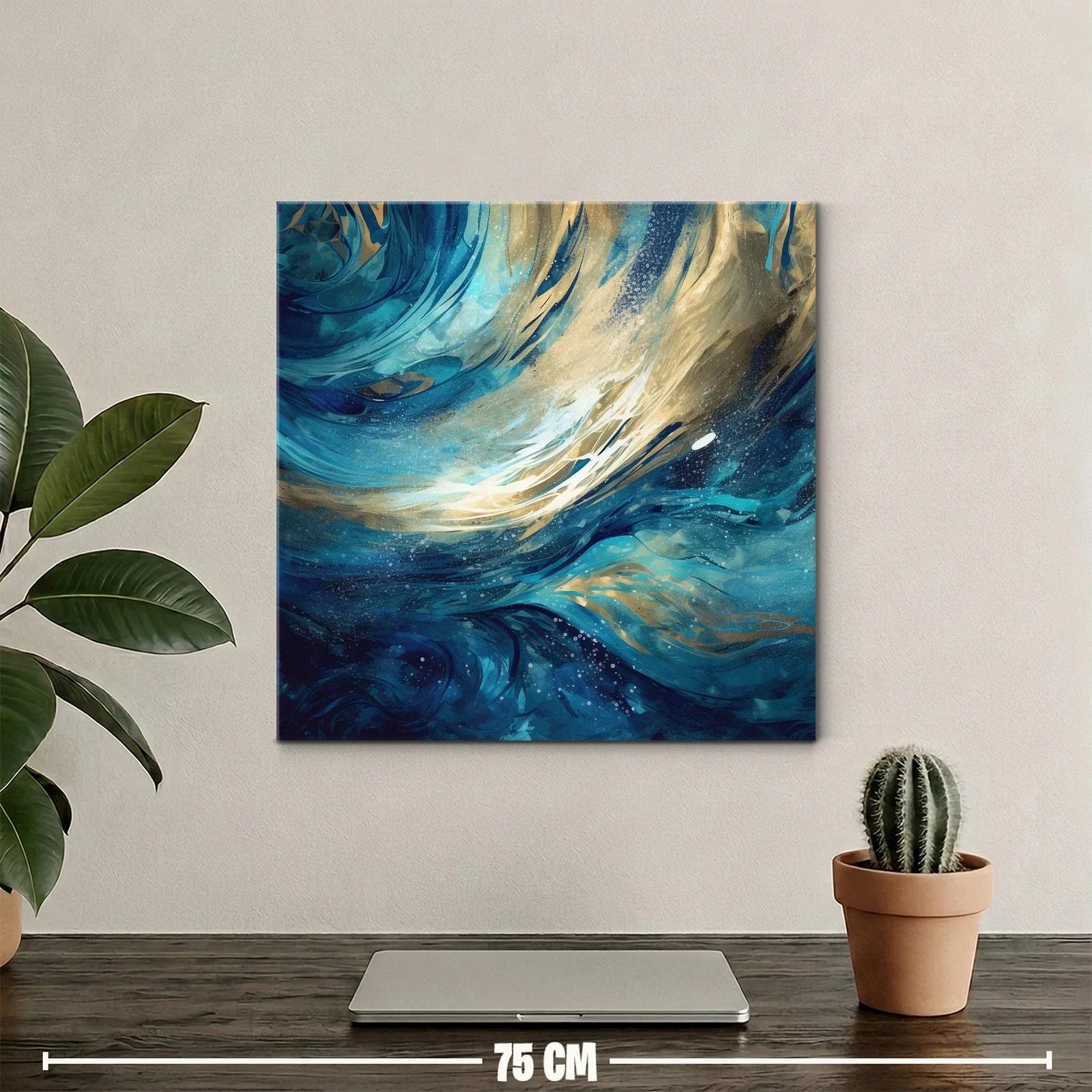 Cuadro abstracto con ondas dinámicas en tonos azul y dorado — miniatura 2