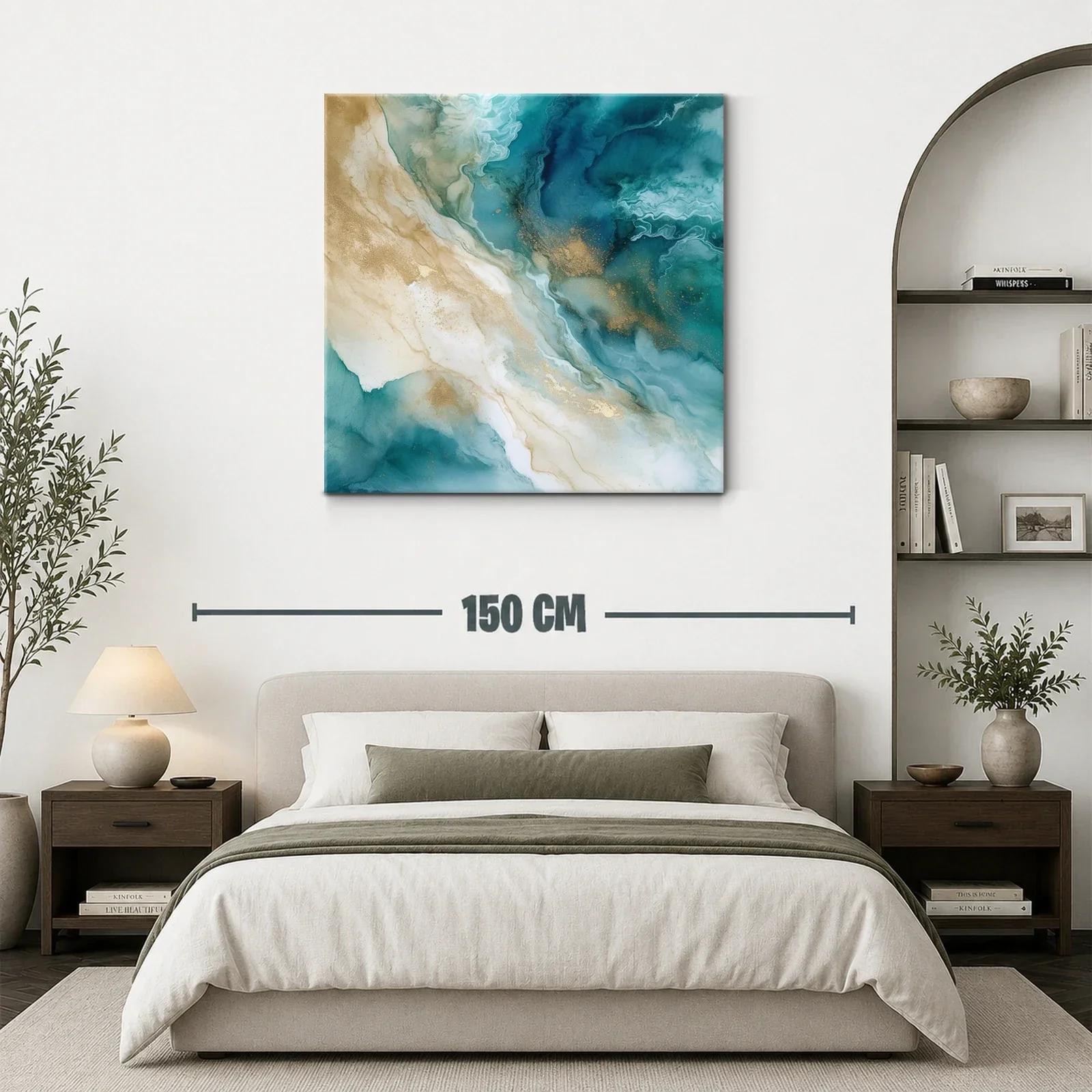Cuadro abstracto con tonos turquesa y dorados elegantes — miniatura 3