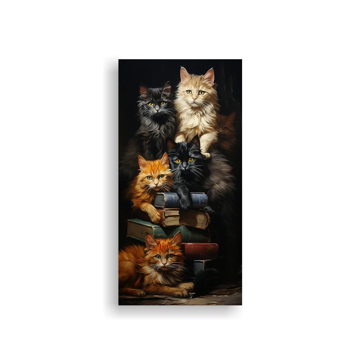 Cuadro grupo de gatos peludos junto a libros antiguos