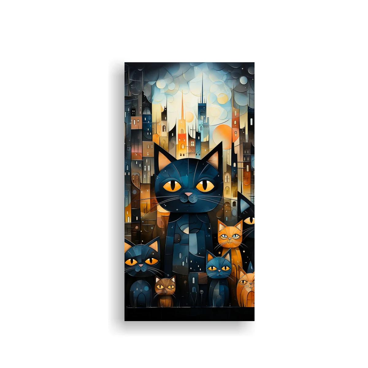 Cuadro gato negro de ojos amarillos y ciudad nocturna