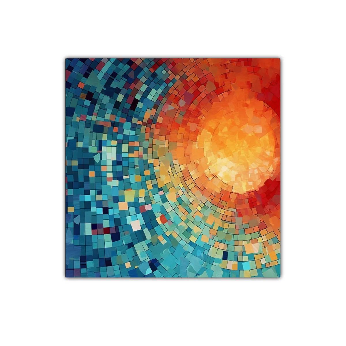 Cuadro abstracto con patrones circulares en tonos cálidos y fríos