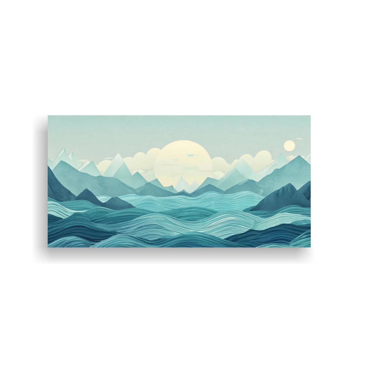 Cuadro paisaje marino con montañas y sol entre nubes — imagen principal